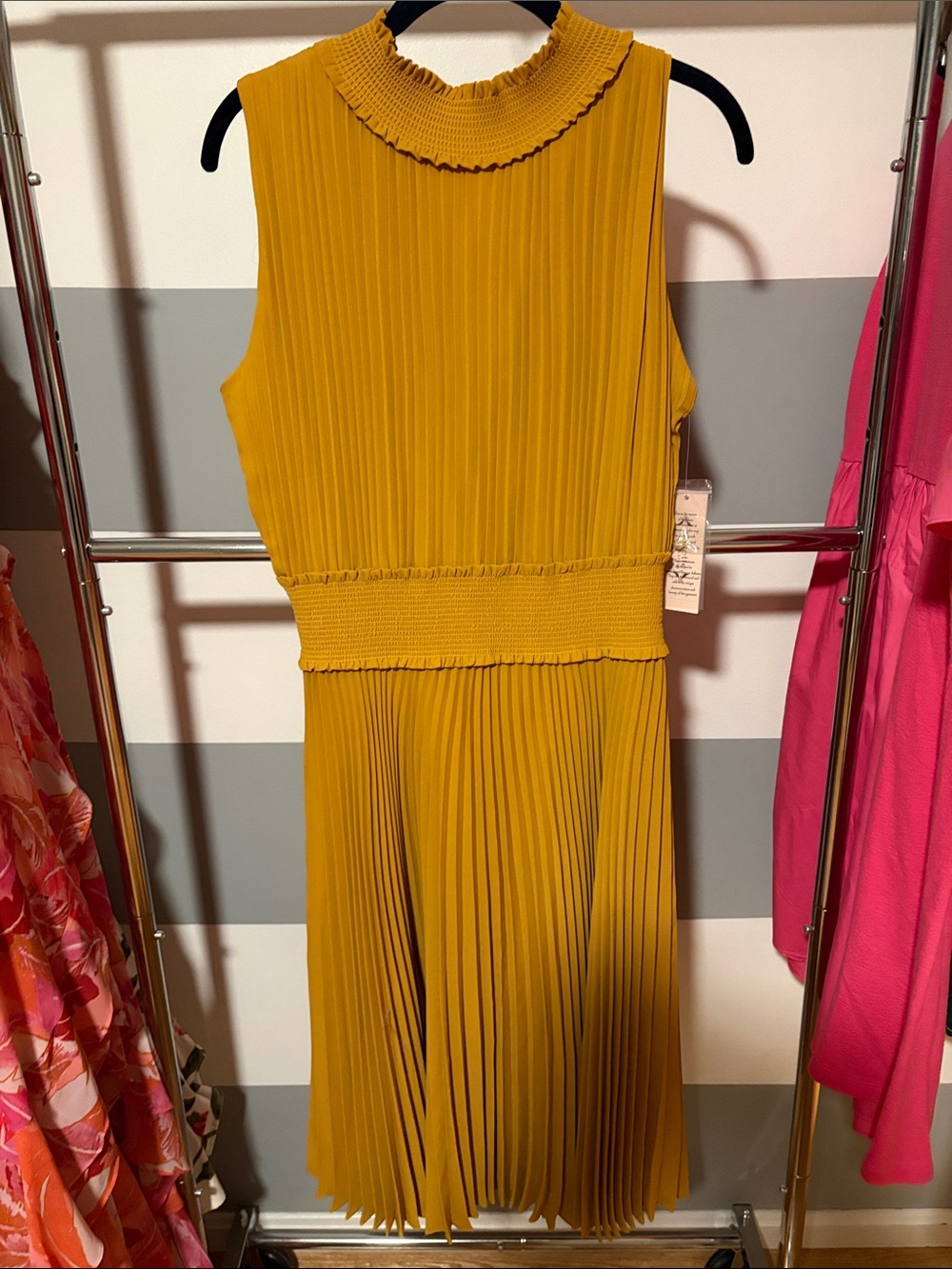 Nanette Lepore Mustard Yellow Pleated Midi Dress